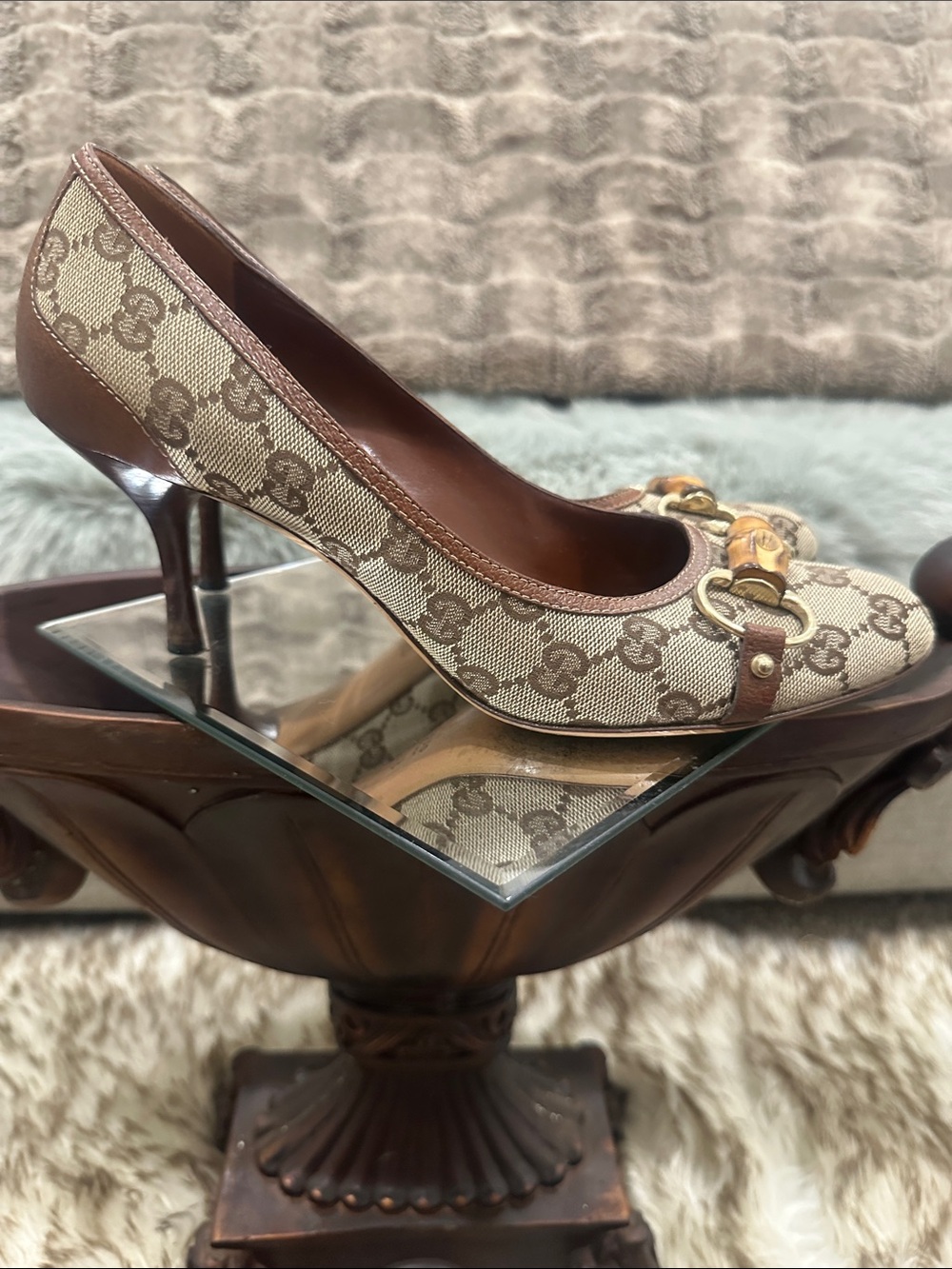 GUCCI Beige GG Canvas Bamboo Horsebit Women's Pumps classic streamlined style - Picture 4 of 13